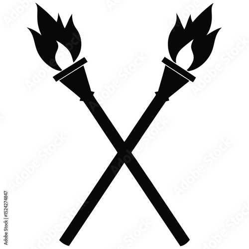 Crossed Torches Icon Simple Black and White Illustration of Flame, Ideal Symbol