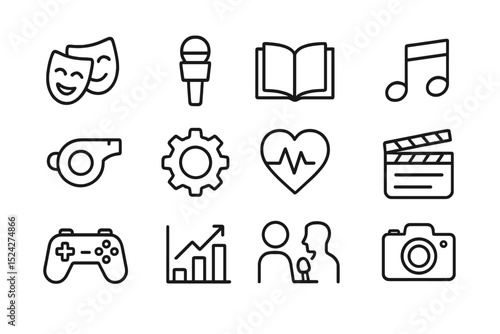 Black vector icons for arts music sports technology and health