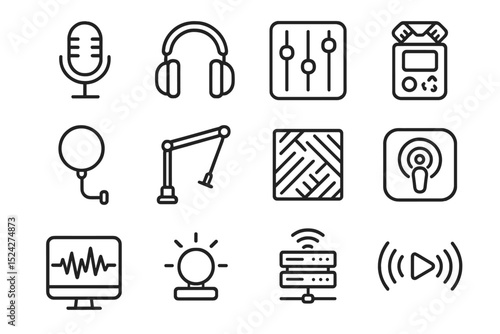 Audio equipment icons set featuring microphone, headphones, mixer, and more