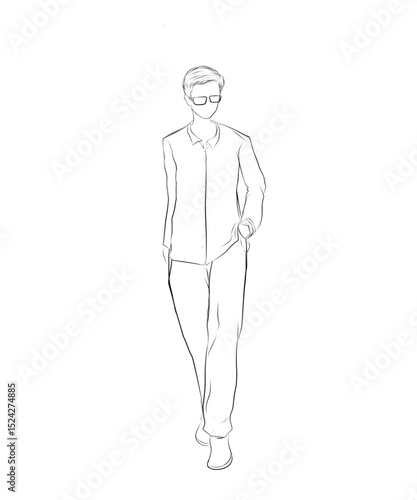 sketch of young man wearing glasses walking on white background