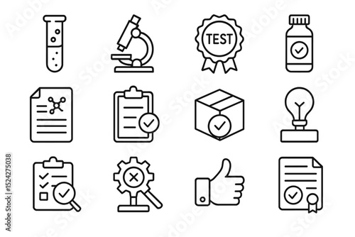 Science icons: equipment, test, document, gear, bulb, cube, microscope