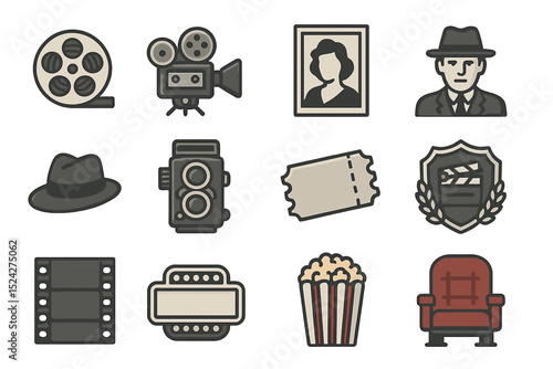 Vintage cinema icons: camera, popcorn, movie ticket, film reel, theater seat