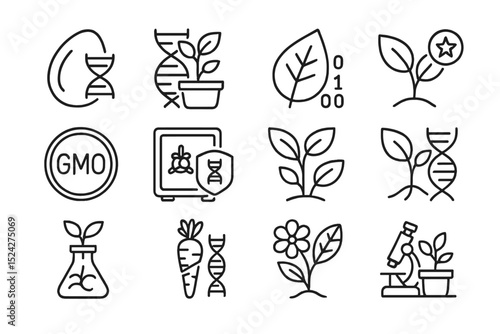 Genetic engineering icons of plants and science equipment