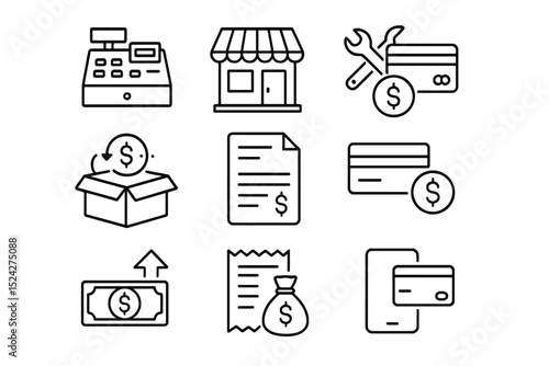Business finance icons: store, money, tools, cards, documents