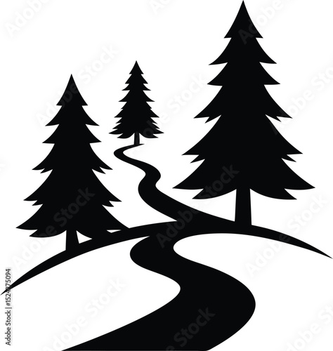 "Forest and trail icon with pine trees and path, black silhouette, minimal vector"
