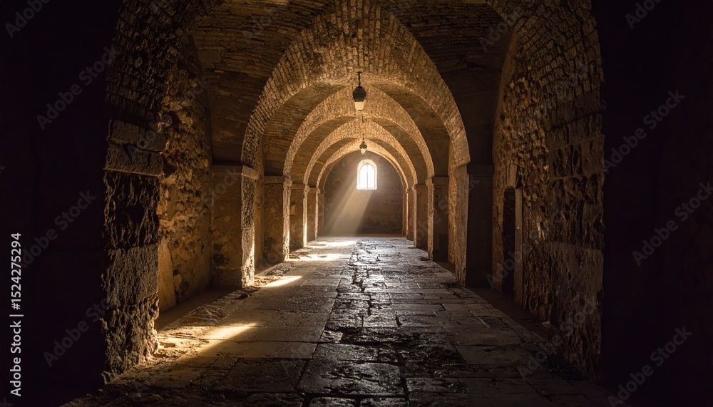 Obraz premium Sunlight Beams Illuminate Ancient Stone Archway Corridor Historical Architecture