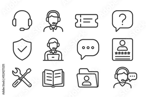 Customer support icons: headset, ticket, profile, chat, question, tools