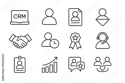 Business icons overview: crm, user profiles, analytics, support, awards