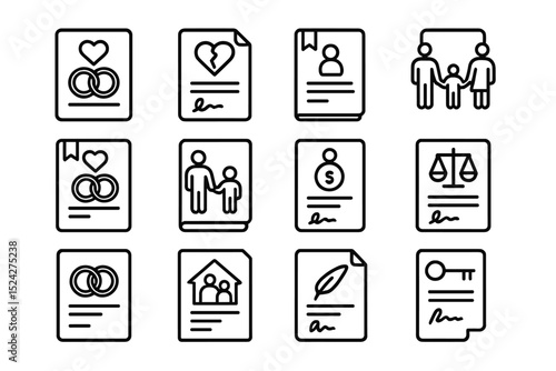 Legal document icons set with family and marriage elements