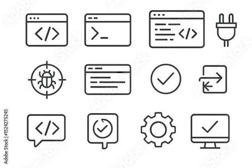 Grey software development icons: code, bugs, gears, checkmarks