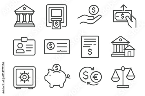 Finance icons: bank, money, transaction, currency exchange, piggy bank