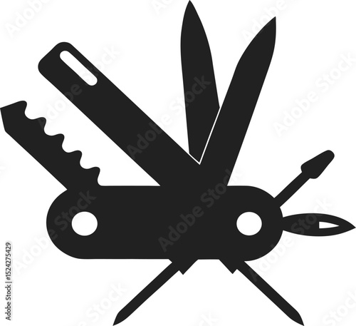 "Multitool or pocketknife icon opened, black silhouette, vector minimal style"