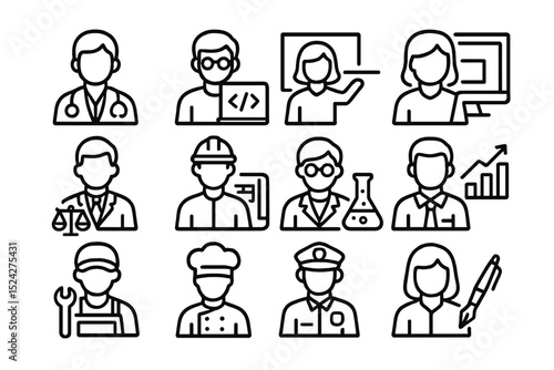 Outline icons of various professions on dark background