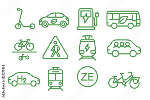 Eco-friendly transport icons including cars bikes scooters buses trains