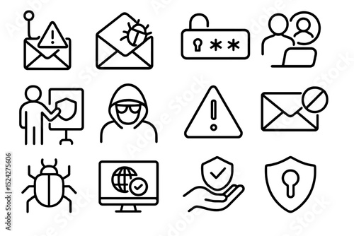 Cybersecurity icons representing threats and protection concepts