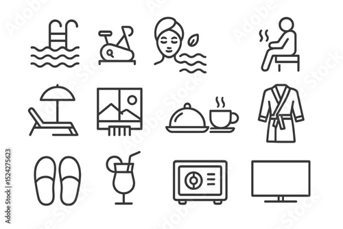 Spa and leisure icon set including pool, massage, dining, relaxation, amenities