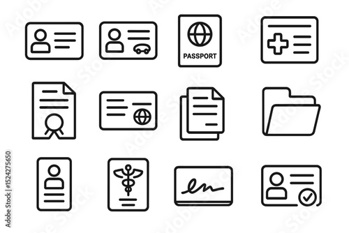 Simplified icons of identification documents and medical records on dark background