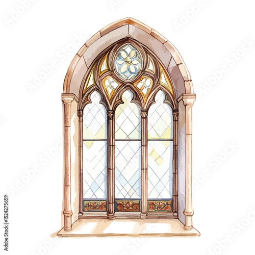 Watercolor Gothic Window with Floral Rose Design and Diamond Panes