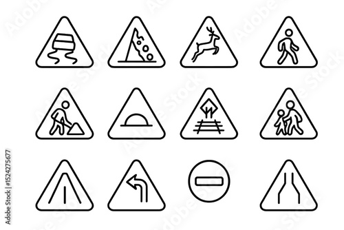 Various traffic warning signs on black background