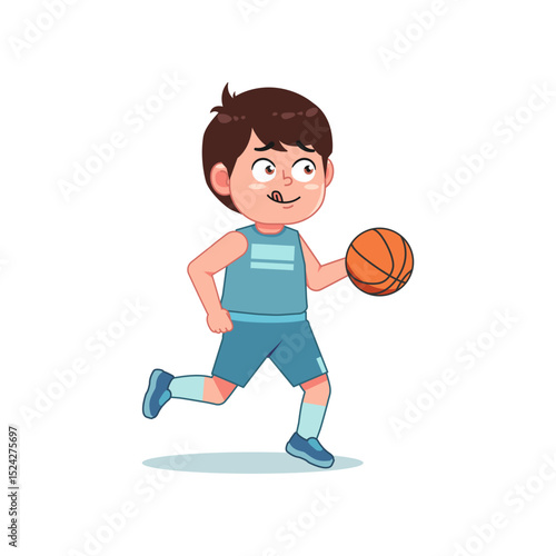 Cute Little Boy Cartoon Playing Basketball Run Dribble