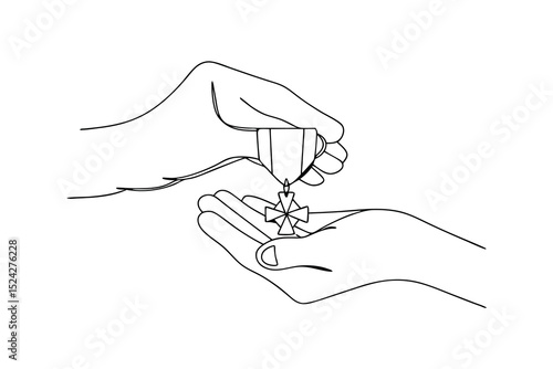 Hand giving medal award line drawing illustration