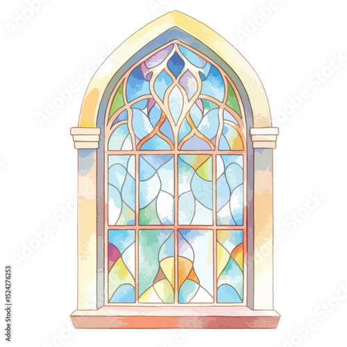 Watercolor Gothic Window with Floral Stained Glass Design and Stone Frame