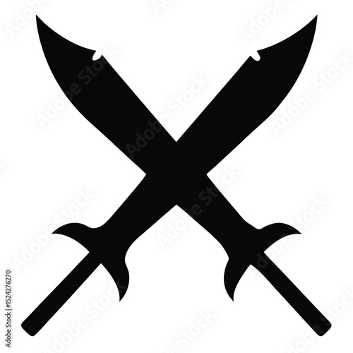 Silhouette Illustration Two Black Swords Crossed Against White Background, Minimalist Design