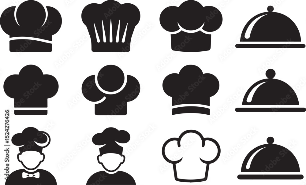 Chef Hat and Food Cloche Icon Set for Culinary and Restaurant Design Chef Hat and Food Cloche Icon Set for Culinary and Restaurant Design