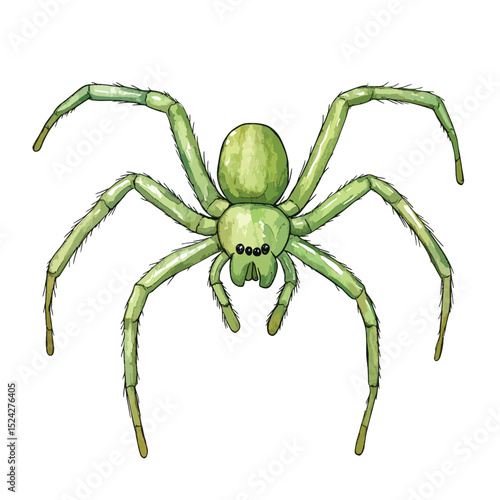 Watercolor Green Huntsman Spider with Hairy Legs and Four Eyes