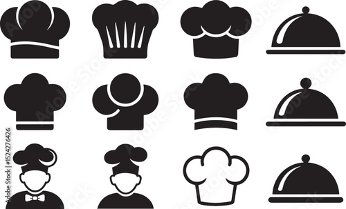 Chef Hat and Food Cloche Icon Set for Culinary and Restaurant Design