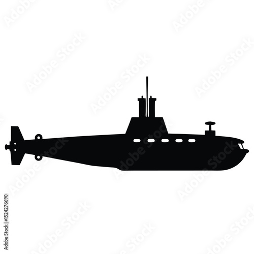 Sleek Black Submarine Silhouette Naval Vessel Illustration, Underwater Exploration Imagery, Maritime Adventure