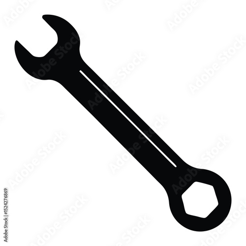 Solid Black Wrench with Open End and Box End on White Background