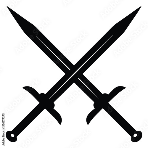 Two Crossed Swords Black Silhouette of Medieval Weapons Clashing on White Background
