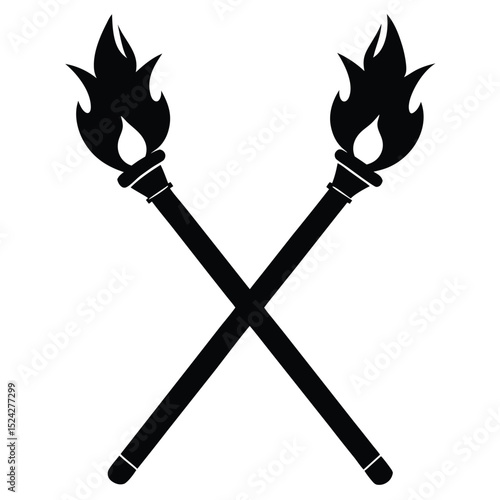 Two Crossed Torches with Flames Illustration, Symbolic Design Element on White Background