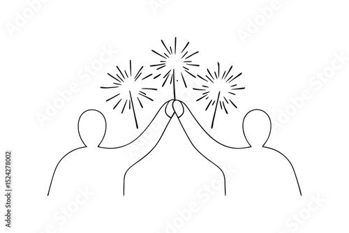 Two figures celebrating with sparklers line drawing