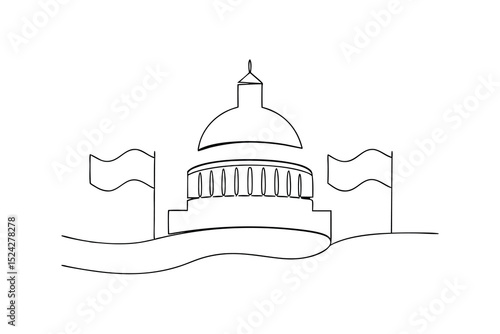 Us capitol building line drawing with flags