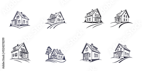 Several house model vector silhouette designs, white background.