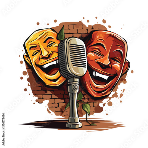 Professional Theatrical Masks and Microphone on Brick Wall Stand Up Comedy Image