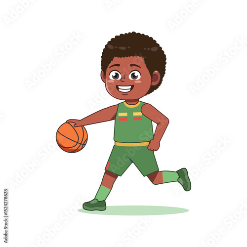 African American Cute Little Boy Cartoon Playing Basketball Sprint Dribbling