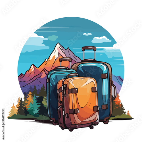 Professional Travel Suitcases and Sleeping Bag Over Landscape Image for Promotional Marketing