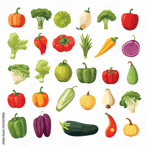 Colorful Vegetable Icons Set for Food and Nutrition Concepts in Stock Vector Illustration