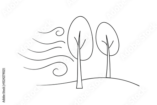 Simple line drawing of two trees in the wind
