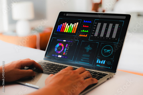 Analyst to analyze data. Shows a dashboard chart for business data analysis in of front screen and metrics connected to the database for digital technology, Analytics concept, Social network, operatio