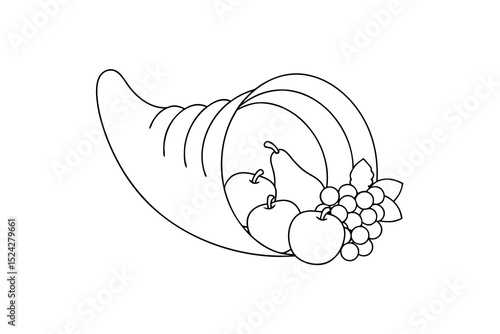 Thanksgiving cornucopia line drawing with apples pear grapes
