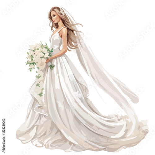 Elegant Bride in Beautiful Wedding Dress Vector Illustration for Design Projects