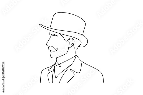Elegant gentleman line drawing profile victorian era top hat mustache