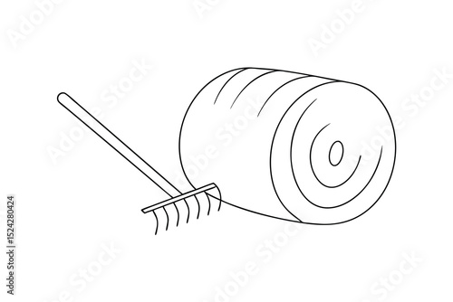 Hay bale and rake line drawing farm illustration