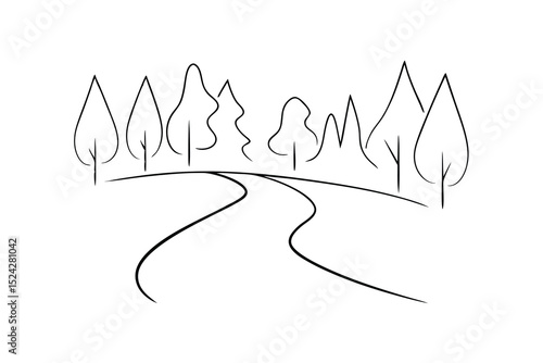 Simple line drawing of winding road through trees
