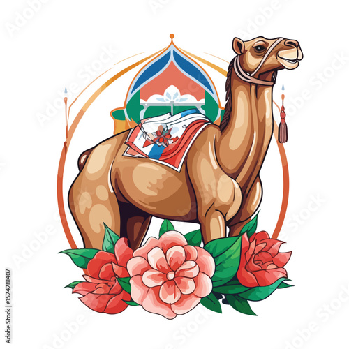 Traditional Indian Camel with Saddlery, Lotus Flower, and National Flag Illustration