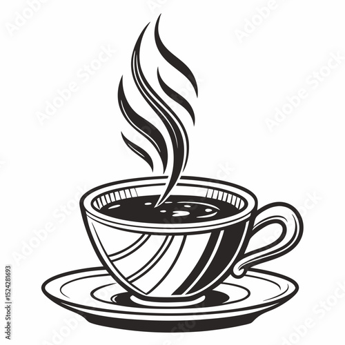 Steaming hot coffee cup saucer isolated design element